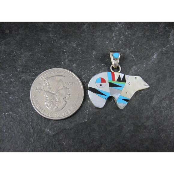 Southwestern Sterling Inlaid Bear Pendant - Picture 2 of 10